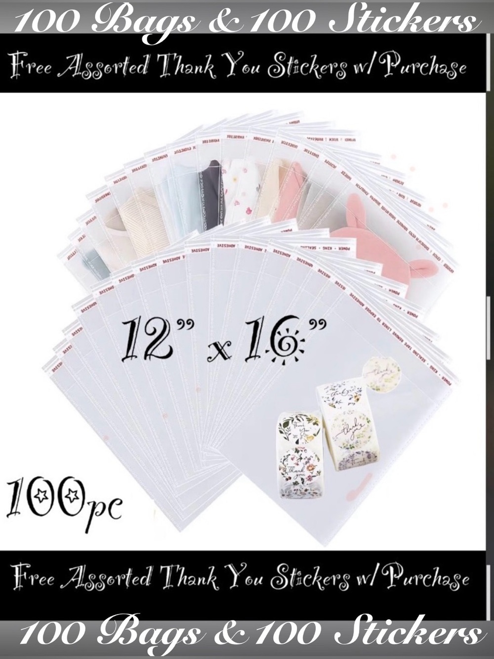 12 x 16” Large Resealable Cellophane Bags 100ct W/100-Free Thank You Stickers🌿🆕🌿